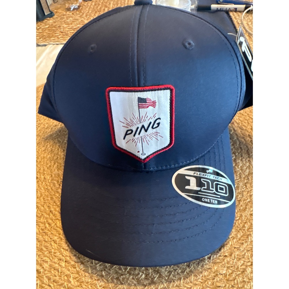 Ping Golf Hat Navy Blue Flexfit 110 Snapback American Flag Shield Patch New